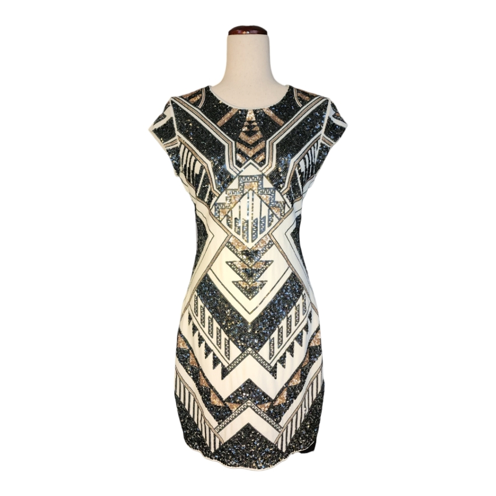 EXPRESS sequenced geometric design dress, black/Ivory/Gold, lined, size M